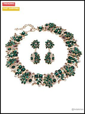 Vintage Crystal Rhinestone Statement Choker Bib Necklace Earring Set